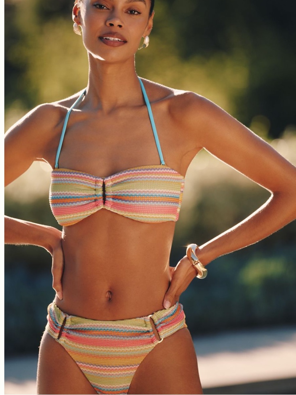 NWT PQ Swim Multicolor Stripe Detail Bandeau Top & Bottom Set,Top M Bottom S